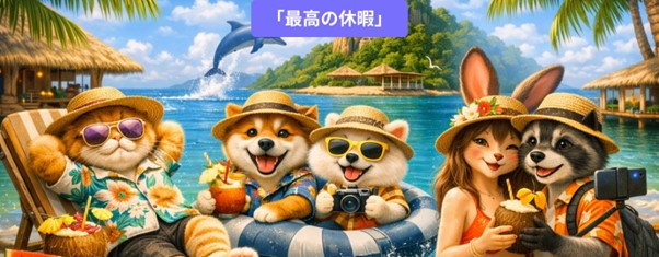 ペットの方が先にバカンスに出かけていたことに、今気づいたのですか？さあ、あなたも動物になって「スーパー・バケーション」の旅に出かけましょう！