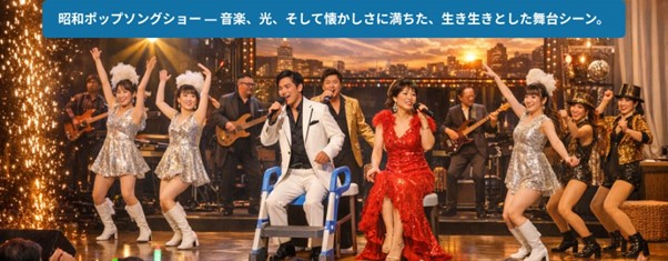 【イベント告知】昭和時代を彷彿とさせる音楽プログラム！20名以上の出演者とダンサーが、音、光、歌、踊りのノンストップスペクタクルをお届けします。「飛行機雲昭和歌謡ショー」で、昭和時代の並外れた偉大さと輝きをさらに感じてください。