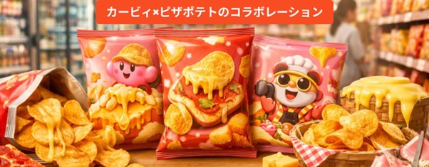 カービィとの新しいコラボパッケージが登場！とろ～りとろけるチーズと「ピザポテト」の濃厚なピザの味わいを、ぜひお楽しみください！